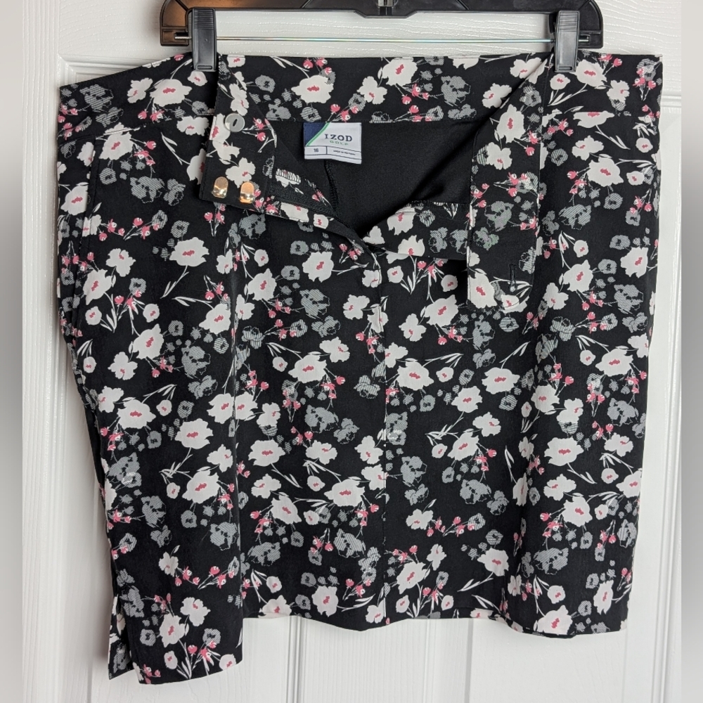 Izod Black and Pink Floral Golf Pickleball Skort, Mesh Pockets, Sz. 16